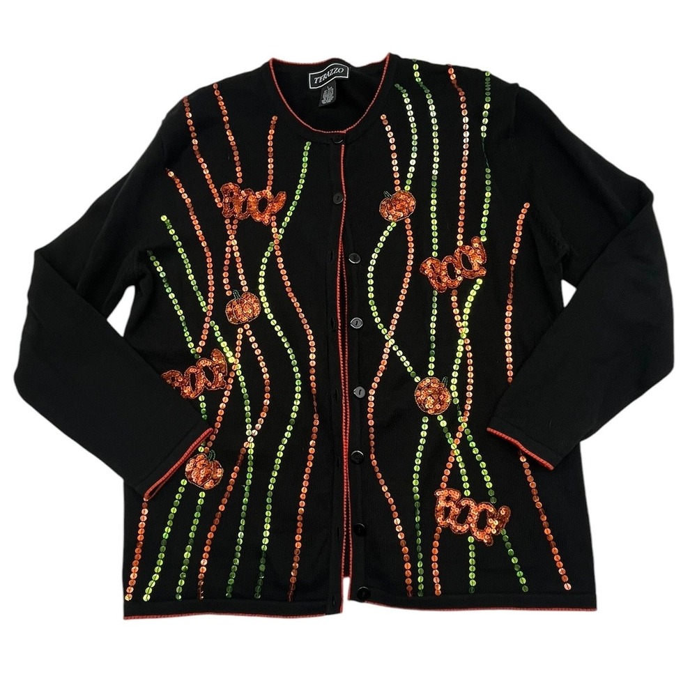 Vintage Terazzo Halloween Cardigan Sweater Women's Large Black Sequin Pumpkin